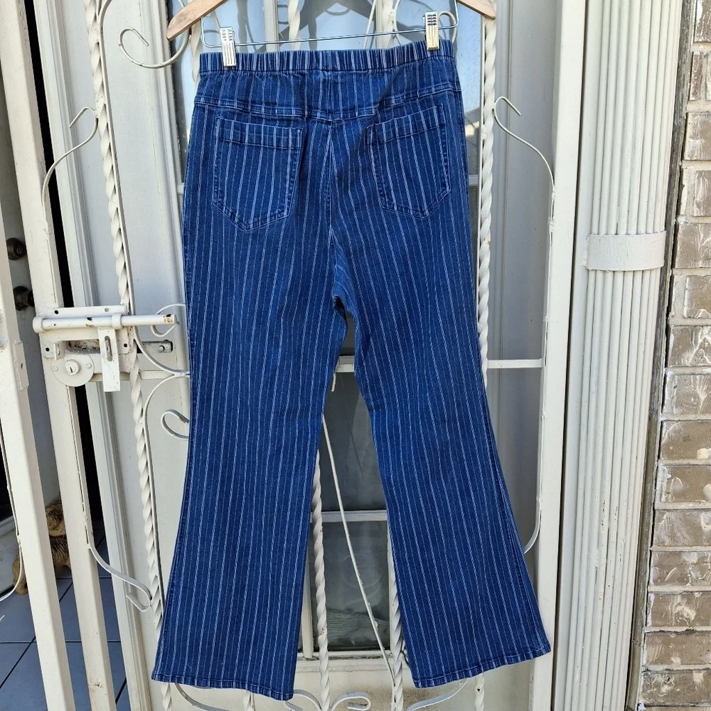 MetroStyle Blue & White Pinstripe Pull-On Comfy Cotton Pants  Women Size Large